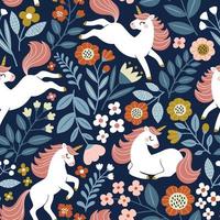 Seamless pattern with cute unicorns on vintage floral background. Perfect for textile, wallpaper or print design. vector