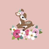 Cute vintage fawn with summer flowers.  Perfect for tee shirt logo, greeting card, poster, invitation or print design. vector