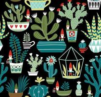 Hand drawn seamless pattern with cute gnomes, cactuses and succulents on black background. vector