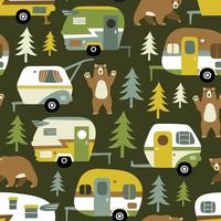 Seamless pattern with vintage camping trailers, bears and pine trees on dark blue background. vector