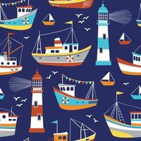 Seamless pattern with hand drawn cute fishing boats, seagulls and lighthouses. vector
