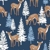 Seamless pattern with pine trees and cute fawn. vector