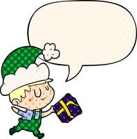 cartoon happy christmas elf and present and speech bubble in comic book style vector