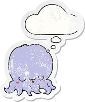 cartoon jellyfish and thought bubble as a distressed worn sticker vector