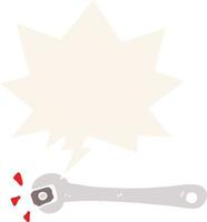 cartoon spanner turning nut and speech bubble in retro style vector