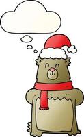 cartoon bear wearing christmas hat and thought bubble in smooth gradient style vector