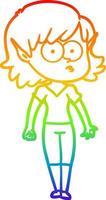 dibujo de línea de gradiente de arco iris niña elfa de dibujos animados mirando fijamente vector