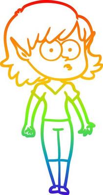 rainbow gradient line drawing cartoon elf girl staring