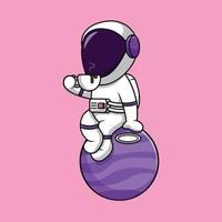 Cute Astronaut Drink Coffee Cup On Planet Cartoon Vector Icon Illustration. Science Food Flat Cartoon Concept