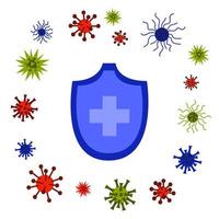 Shield with the Image of the Medical Cross Surrounded by Viruses vector