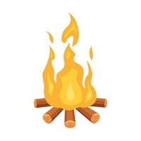 Burning bonfire with wood.  Flat vector illustration isolated on a white background.