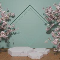 White marble podium showcase for product placement with blossom photo