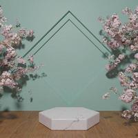 White marble podium showcase for product placement with blossom photo