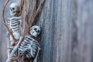 Trick or Treat concept. Preparation for Halloween party. Scary traditional decoration skeleton monster with scary face hanging on wooden background. Autumn fall happy Halloween. photo