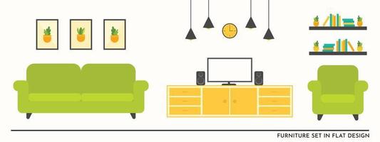vector de conjunto de muebles planos para diseño de ilustración de sala de estar en sofá verde y mesa amarilla