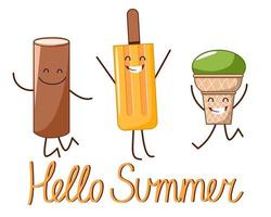 A postcard with the characters of a cheerful ice cream with the inscription hello summer. vector