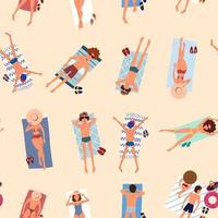 Seamless pattern with people on the sand relaxing and sunbathing. vector
