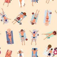 Seamless pattern with people on the sand relaxing and sunbathing. vector