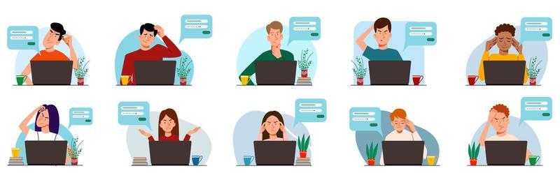 A set of concepts of people thinking on a laptop.