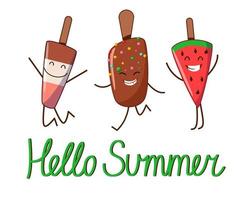 A postcard with the characters of a cheerful ice cream with the inscription hello summer. vector