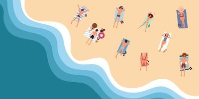 People on the beach or on the seashore relax and sunbathe. View from the top of the ocean. vector