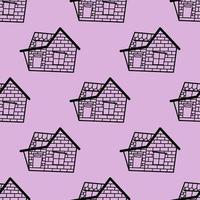 Seamless vector pattern of contour houses in the style of a doodle on a gray background.