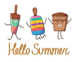 A postcard with the characters of a cheerful ice cream with the inscription hello summer. vector