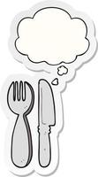 cartoon knife and fork and thought bubble as a printed sticker vector