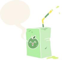 caja de jugo de manzana de dibujos animados y burbuja de habla en estilo retro vector