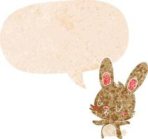 cute cartoon rabbit and speech bubble in retro textured style vector