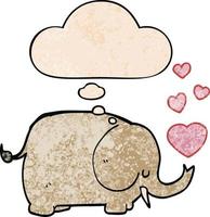 lindo elefante de dibujos animados con corazones de amor y burbuja de pensamiento en estilo de patrón de textura grunge vector