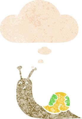 cute cartoon snail and thought bubble in retro textured style
