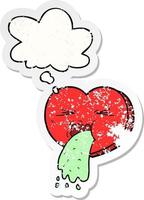 cartoon love sick heart and thought bubble as a distressed worn sticker vector