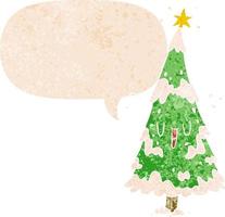 cartoon christmas tree and speech bubble in retro textured style
