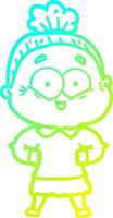 cold gradient line drawing cartoon happy old woman vector