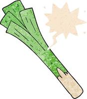 cartoon leeks and speech bubble in retro textured style vector