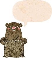 cartoon bear and speech bubble in retro textured style vector