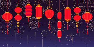 Lantern festival background with different red hanging lanterns and fireworks vector