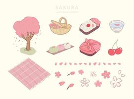 Set of isolated sakura hanami hand drawn picnic elements vector