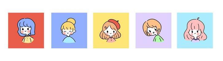 Set of hand-drawn cute girl artworks, simple doodle style kawaii portraits vector