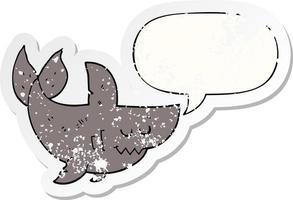 cartoon shark and speech bubble distressed sticker vector