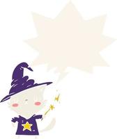 magical amazing cartoon cat wizard and speech bubble in retro style vector