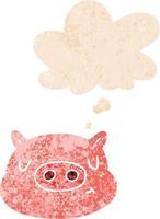 cartoon pig face and thought bubble in retro textured style vector