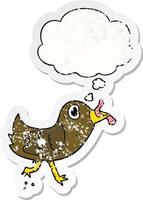 cartoon bird with worm and thought bubble as a distressed worn sticker vector