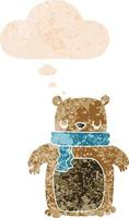 cartoon bear with scarf and thought bubble in retro textured style vector