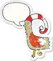 caroton chicken in funny christmas hat and speech bubble distressed sticker vector