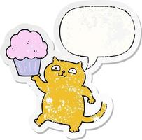 cartoon cat and cupcake and speech bubble distressed sticker vector