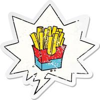 cartoon junk food fries and speech bubble distressed sticker vector