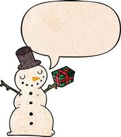 cartoon snowman and speech bubble in retro texture style vector