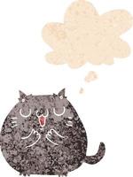 gato de dibujos animados feliz y burbuja de pensamiento en estilo retro texturizado vector